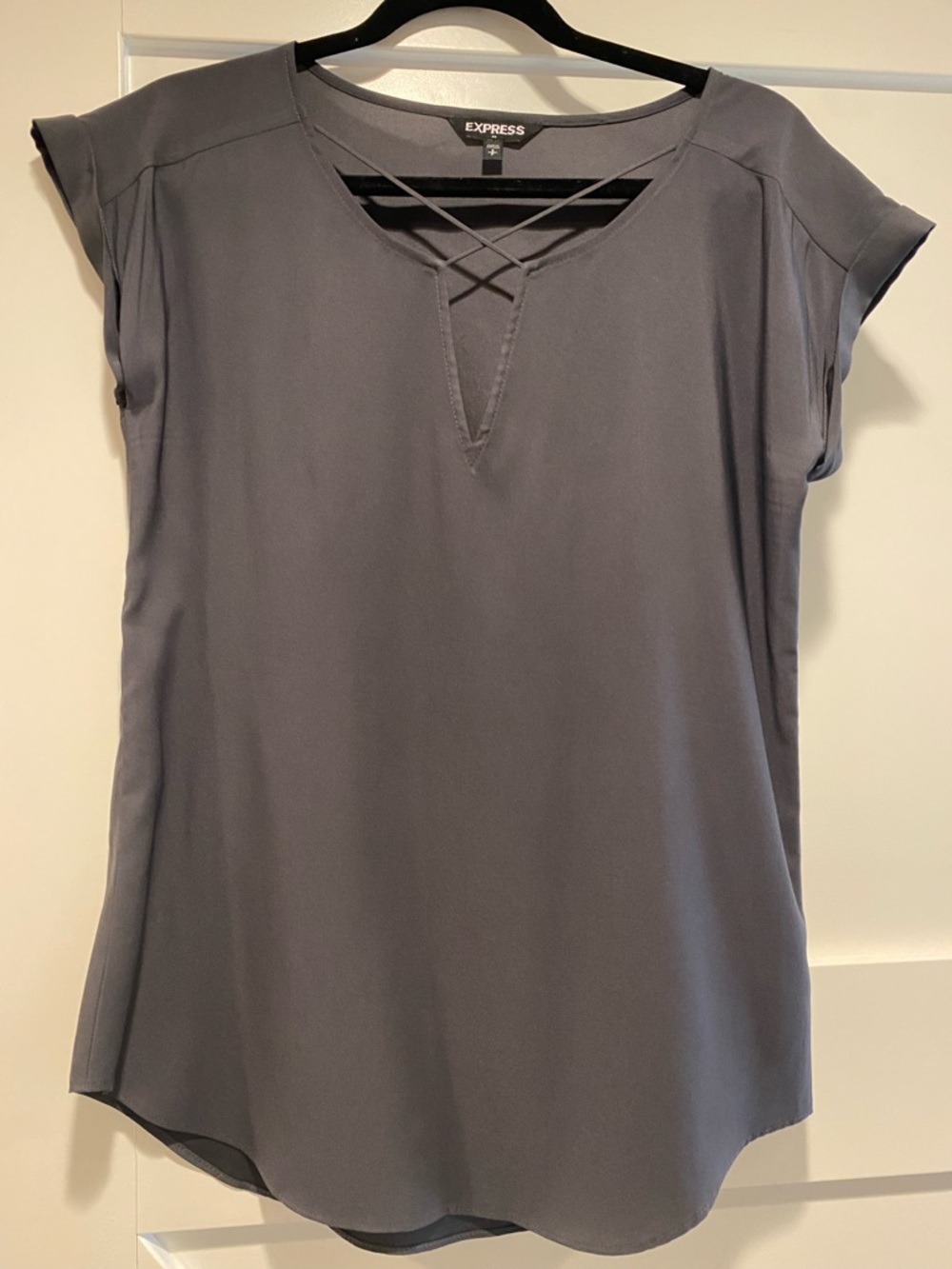 Express Slate Gray Crisscross V-Neck Blouse size Small. Silky inside